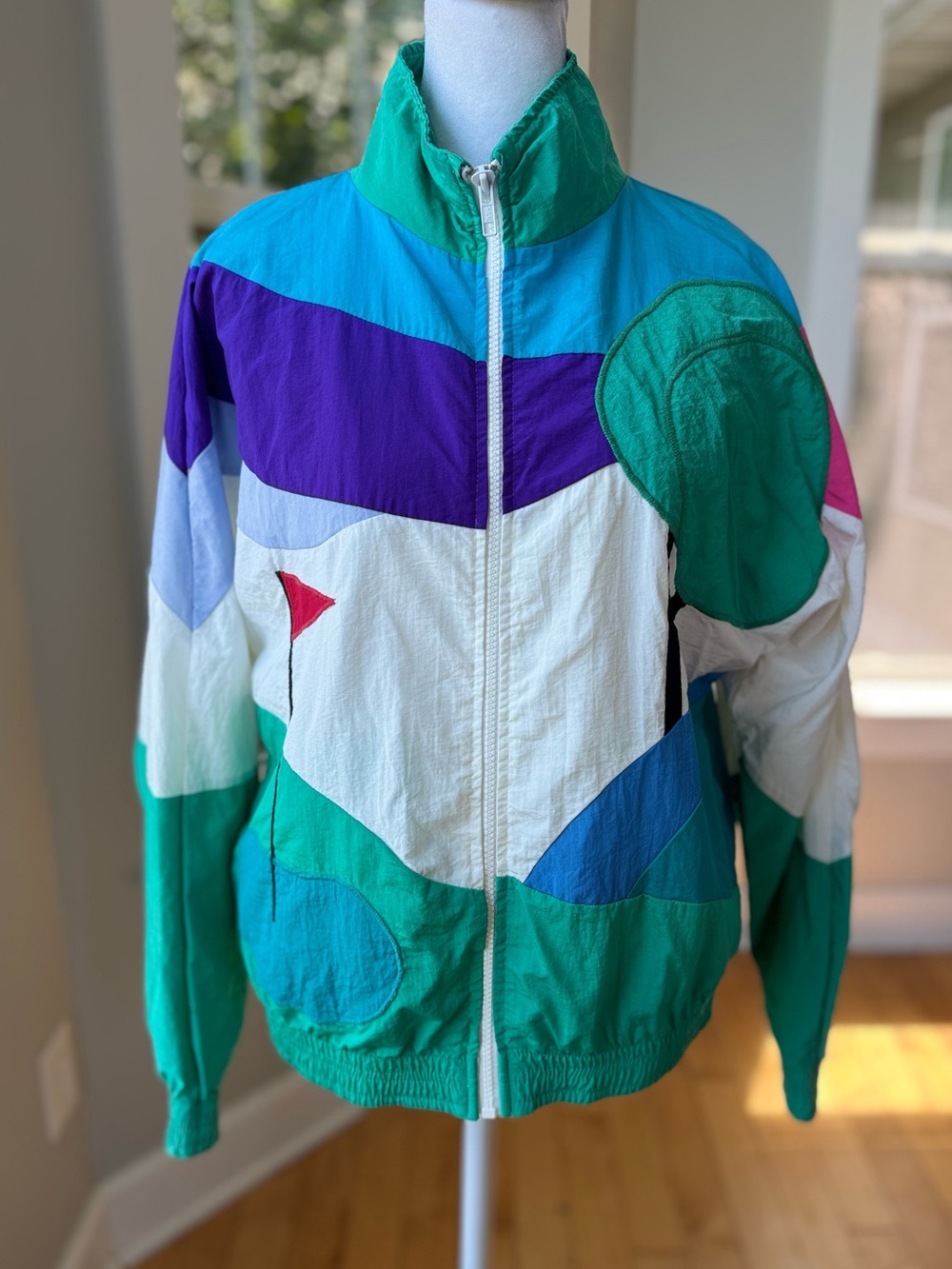 Vintage 80s Michelle Palmer Teal Purple White Colorblock Windbreaker Jacket Sz S